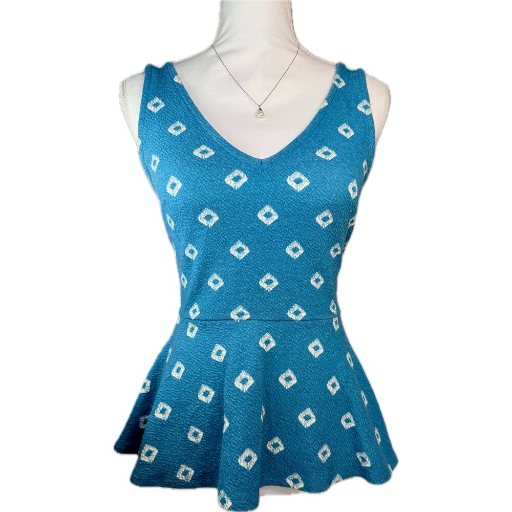 Anthropologie Postmark Flynn Peplum Tank Top Blue Diamond Print Tie Back XS EUC